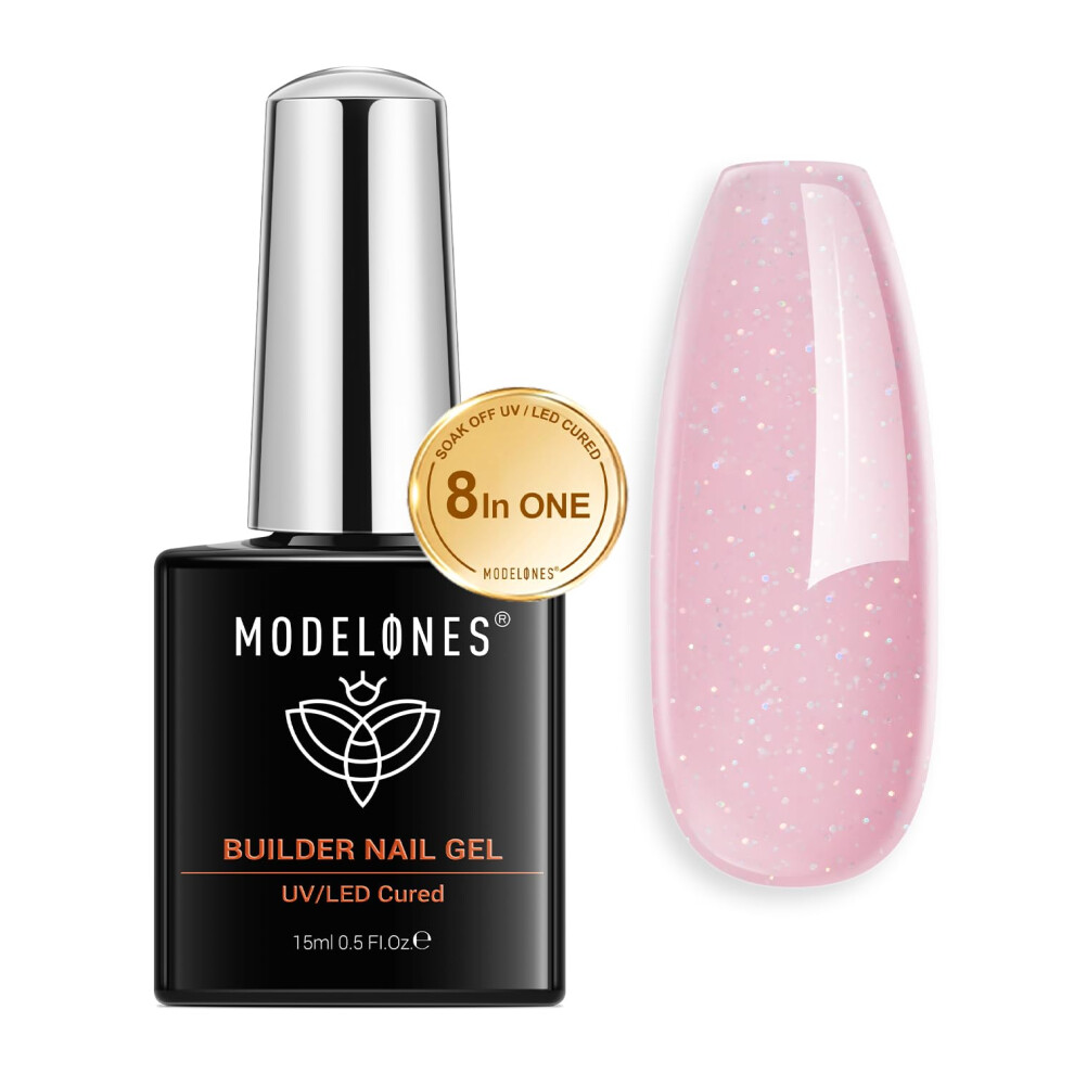 Modelones Pink Builder Nail Gel, Nude Glitter 8-In-1 Strengthener Hard Gel Color Base Extension In A Bottle, 15Ml
