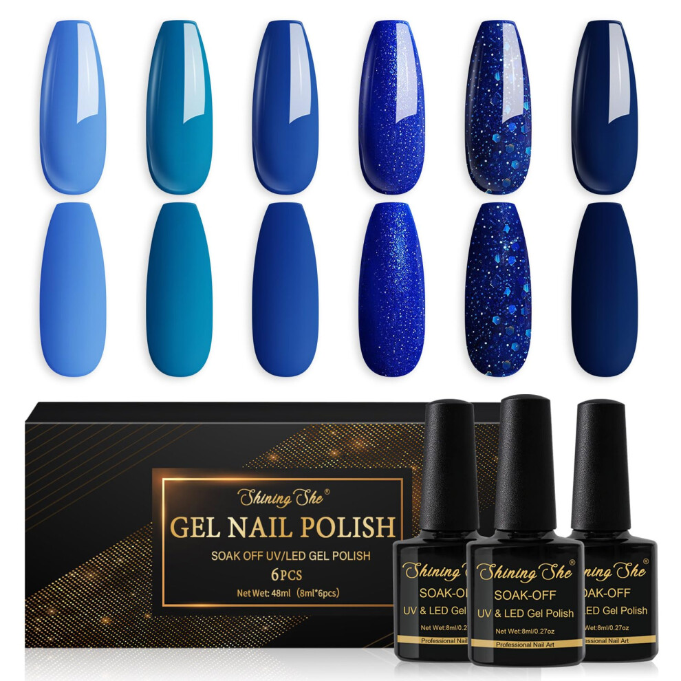 Shining She Blue Nail Polishes Set, 6 Colours Navy Glitter Gel Polish Set Soak-Off Uv/Led Series Nail Polish Gel For Nail Art Salon Diy