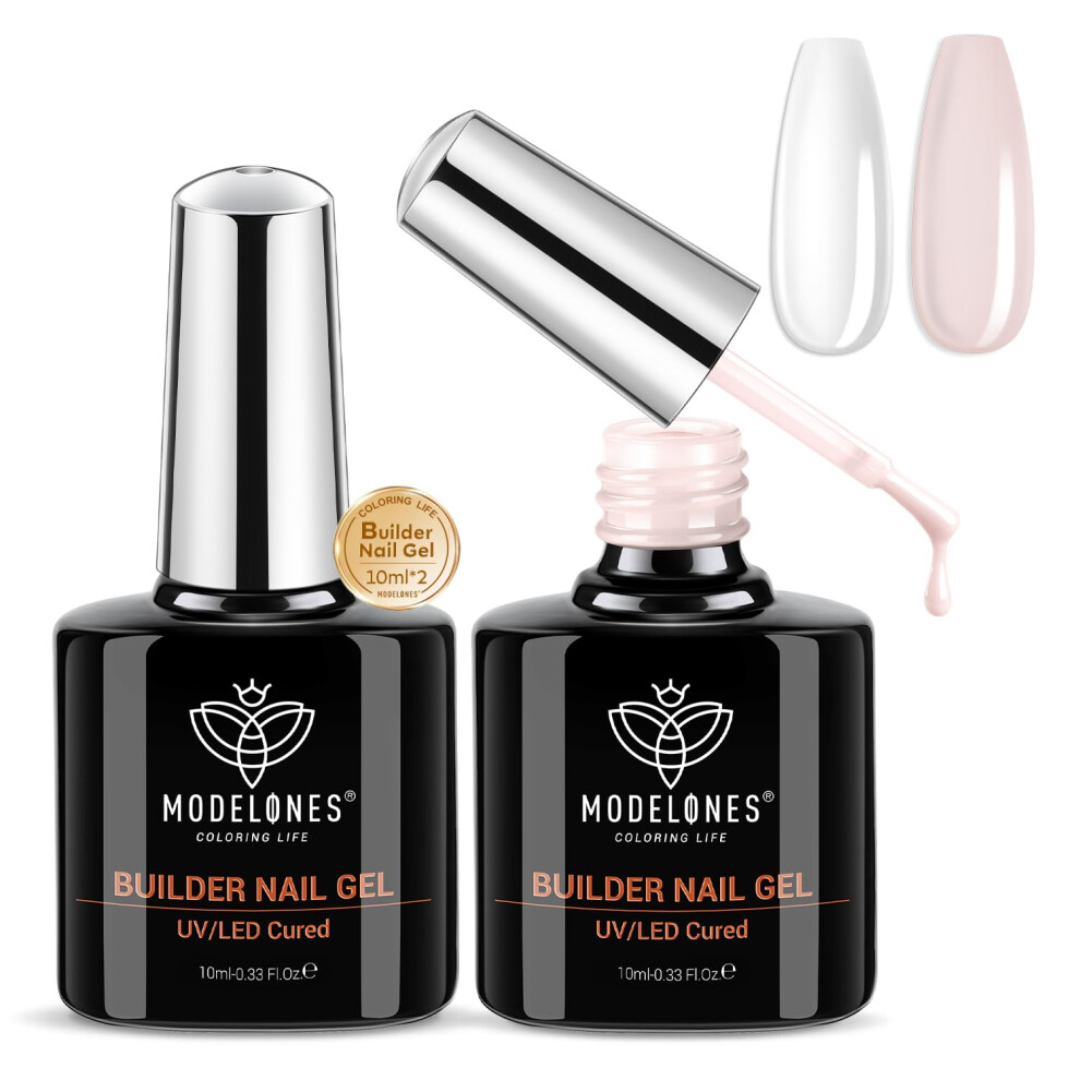 Modelones Pink Builder Gel Set, 2 Pcs 10Ml Clear Builder Gel In A Bottle, Nail Strengthener Builder Nail Extension Gel Builder For Nail