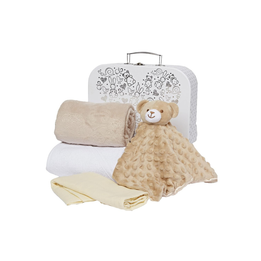 Baby Gift Hamper - Unisex Newborn Gift Set In Keepsake Case With Blanket, Hooded Towel, Milestone Card & Bear Comforter White Baby Box Shop