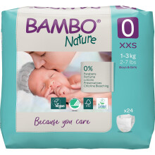 Bambo Nature Premium Eco Nappies, Premature Size 0 (2-7lb/1-3kg), XXS, Pack of 24, Eco-Labelled Nappies, Enhanced Leakage Protection