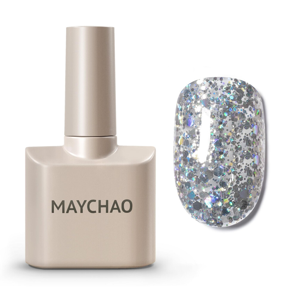 Maychao Silver Glitter Gel Nail Polish, 15Ml Glitter Nail Varnish, Soak Off Uv Led Sparkle Gel Polish Nail Art Starter Manicure Salon Diy At Home