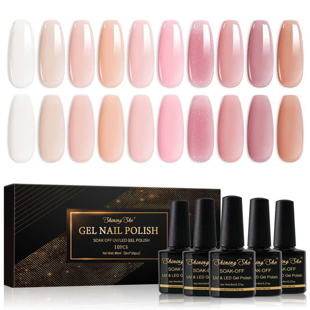 Shining She White/Pink Jelly Gel Nail Polish Kit - 10 Color Nude Sheer Nail Polish, Transparent, Soak-Off Uv/Led Gel For Nail Art Salon Diy Home, 8Ml