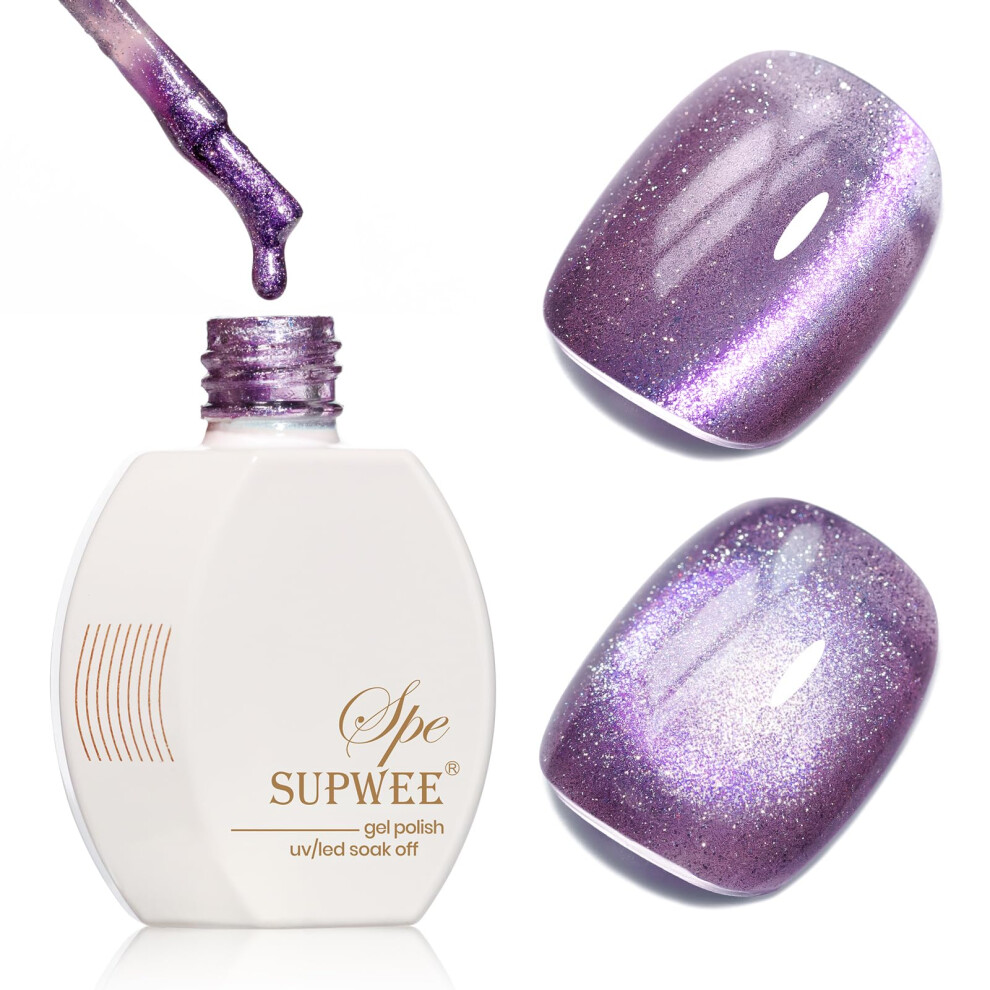Supwee Purple Magnetic Gel Nail Polish, Cat Eye Effect With Glitter Crystal 15Ml Holographic Gel Polish With Magnet Stick For Long-Lasting Manicure