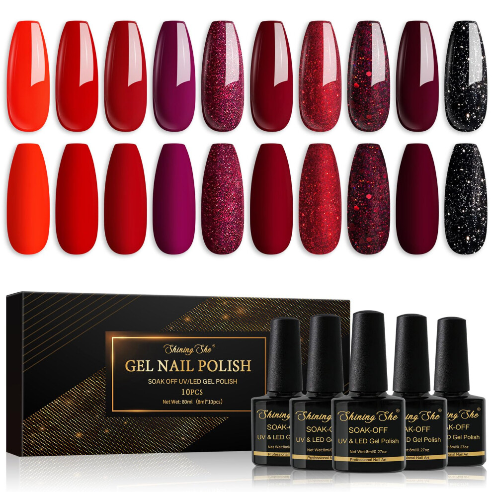 Shining She Red/Burgundy/Dark Gel Nail Polish, 10 Colours Cherry Shimmer Glitter Black Gel Polish Set