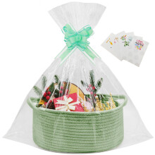 1 Pcs Empty Hamper Basket,Gift Basket with 2 Transparent Bags and 2 Pull Bows for Christmas,Baby Shower,Wedding,Birthday,Easter,Graduations,