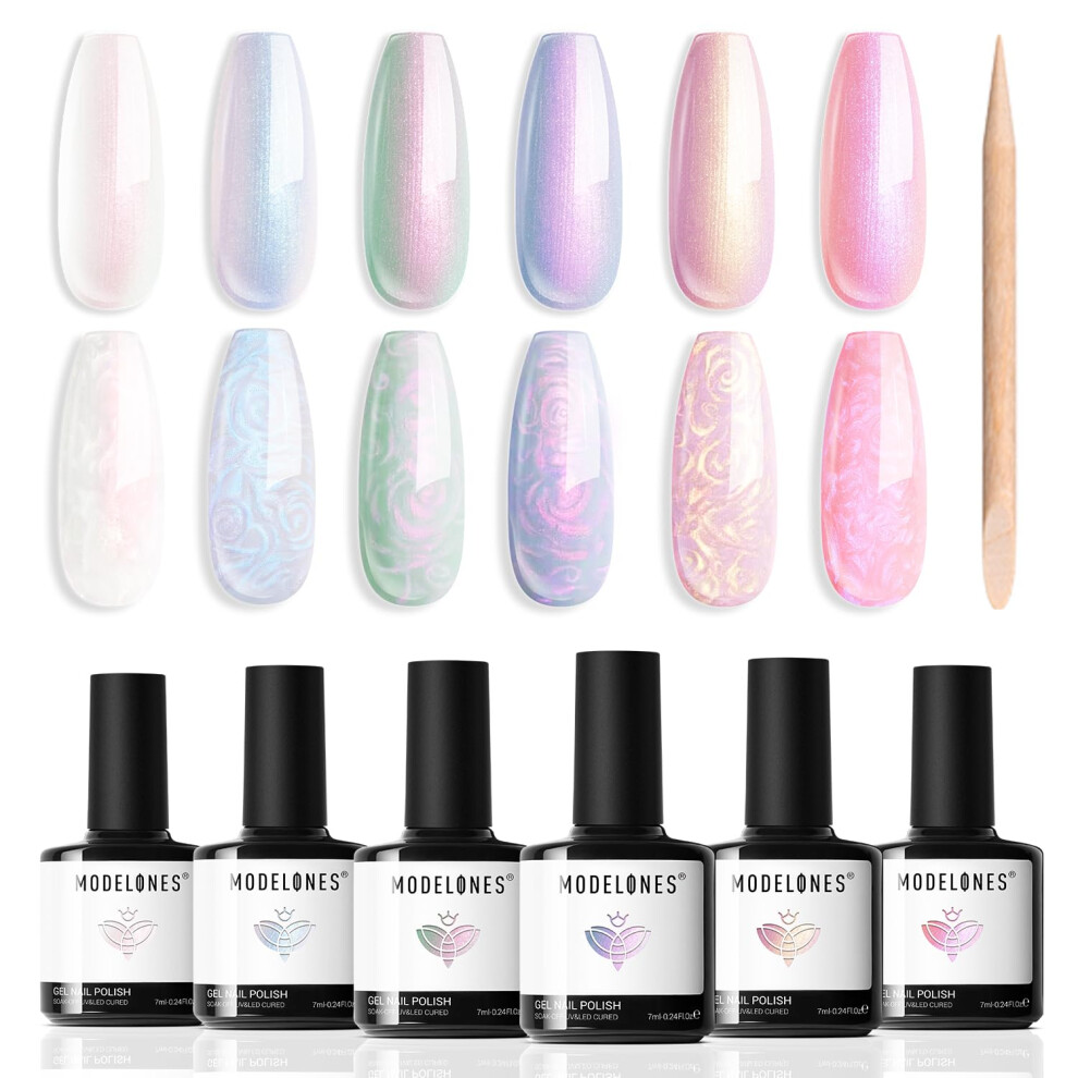 Modelones White/Pink/Purple Pearl Gel Nail Polish, 6 Colors Aurora Iridescent Shimmer Mermaid Nail Drawing Gel Polish Soak Off Spring Gel Polish