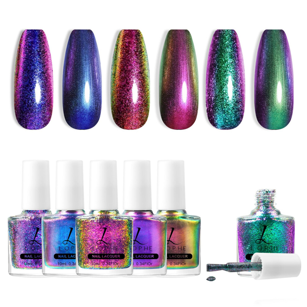 Lophe Glitter Nail Polish Set, 6 Pieces, Holographic Glitter Reflective, Quick-Drying Shimmer Nail Polish For Diy Nail Art Manicure At Home