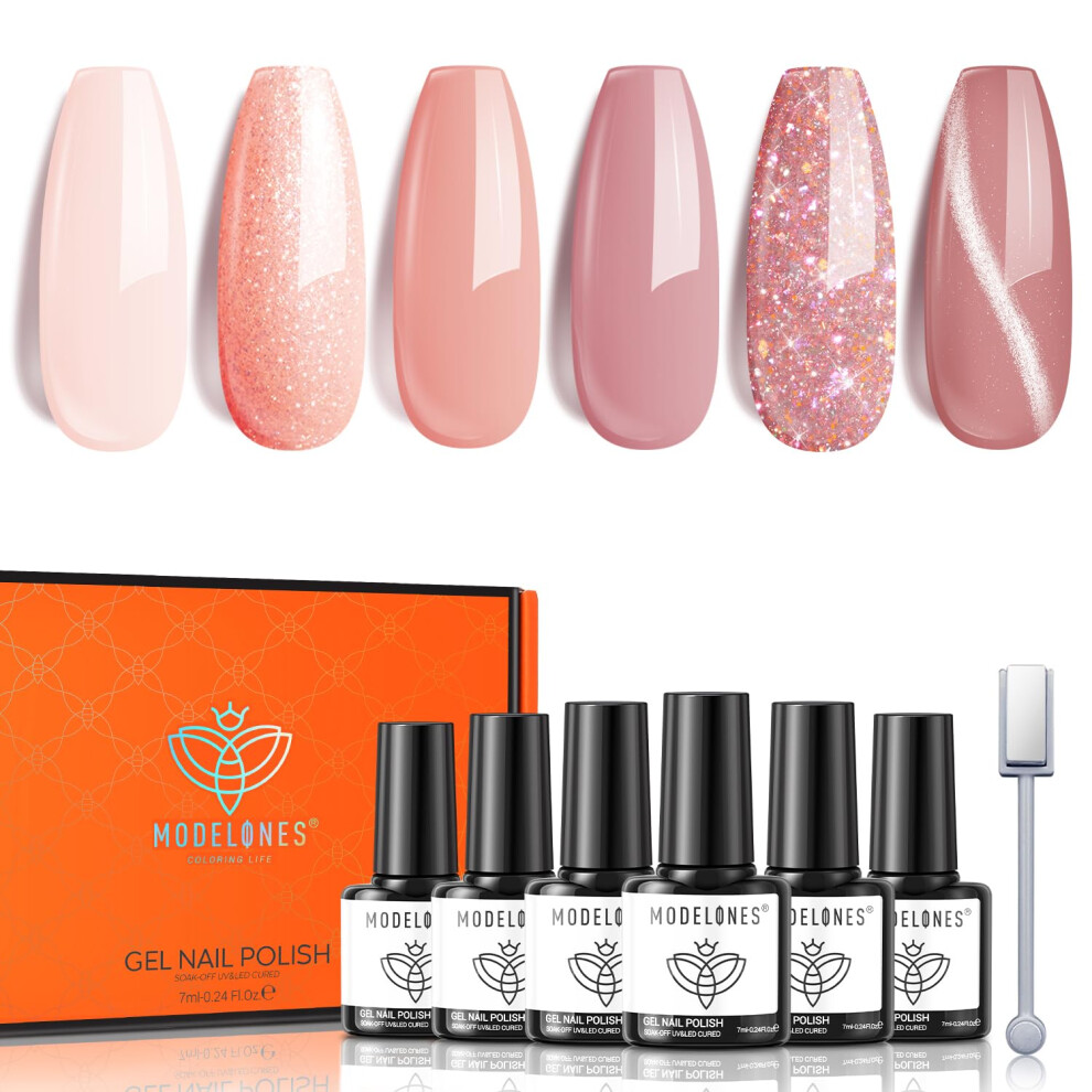 Modelones Gel Nail Polish 6 Colors Nude Sparkle Cat Eye Magnetic Gel Polish Glitter Skin Tones Neutral Soak Off Manicure Diy Nail Art Salon Home For