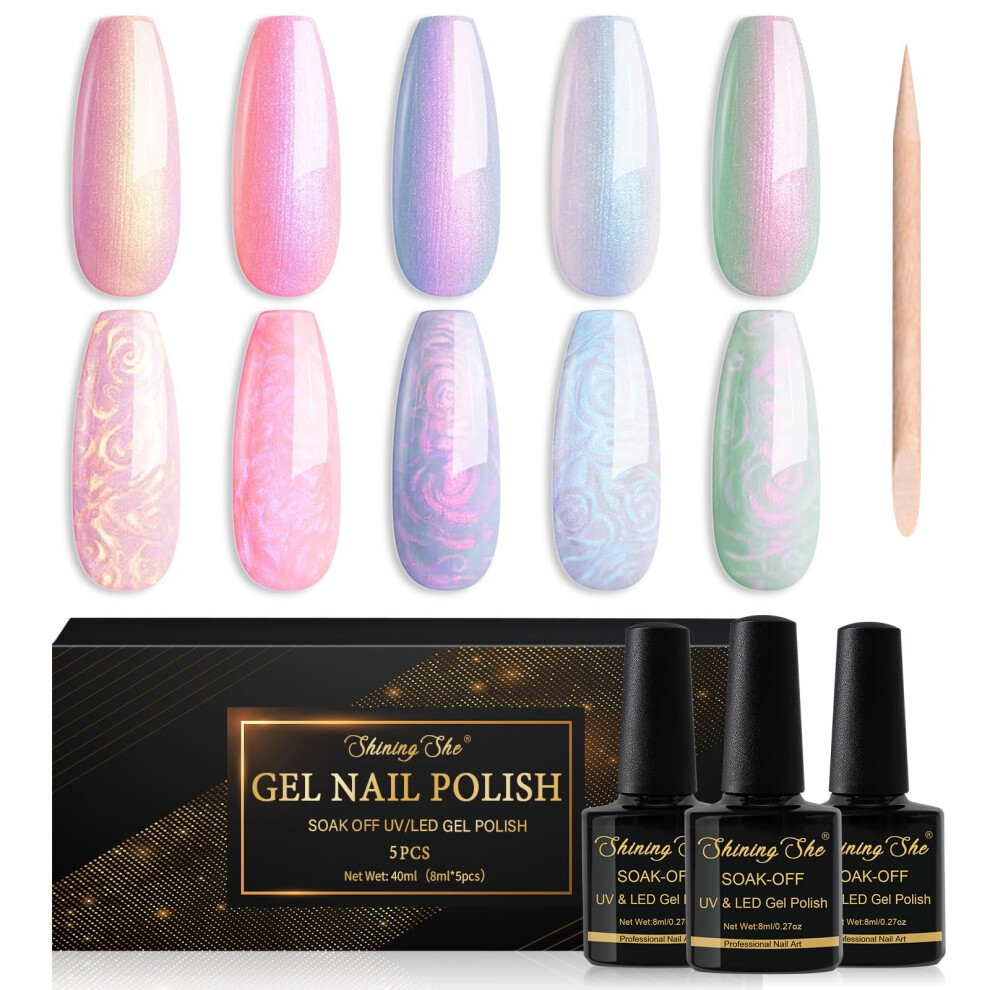Shining She Pink/Purple Pearl Gel Nail Polish, 5 Colors Shimmer Mermaid Gel Polish Soak-Off Uv/Led Nail Polish Swirl Thread Effect Nail Art Salon Diy