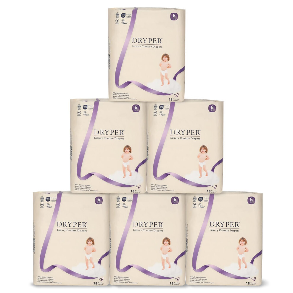 Dryper Baby Nappies Size 6 (16Kg +), 108 Count, Ultra-Thin Soft Hypoallergenic Nappies For Sensitive Skin, 3D Leak Guards, Wetness Indicator