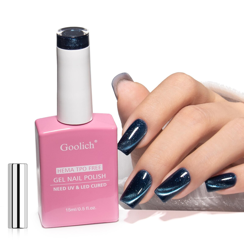Goolich Blue Crystal Cat Eye Gel Nail Polish, 15 Ml Hema & Tpo Free Midnight Holographic Glitter Shimmer Magnetic Gel Polish With Magnet Soak Off Uv