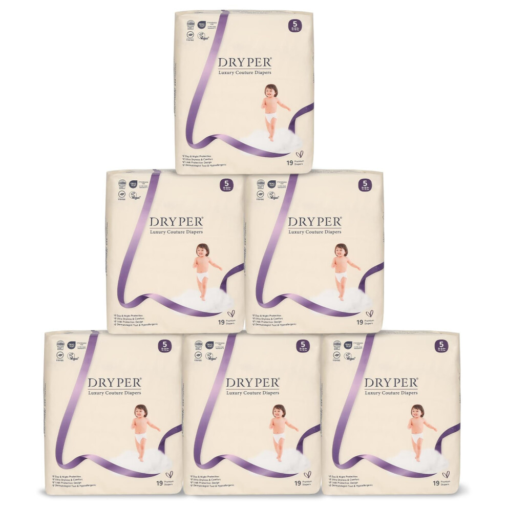 Dryper Baby Nappies Size 5 (13-18Kg), 114 Count, Ultra-Thin Soft Hypoallergenic Nappies For Sensitive Skin, 3D Leak Guards, Wetness Indicator