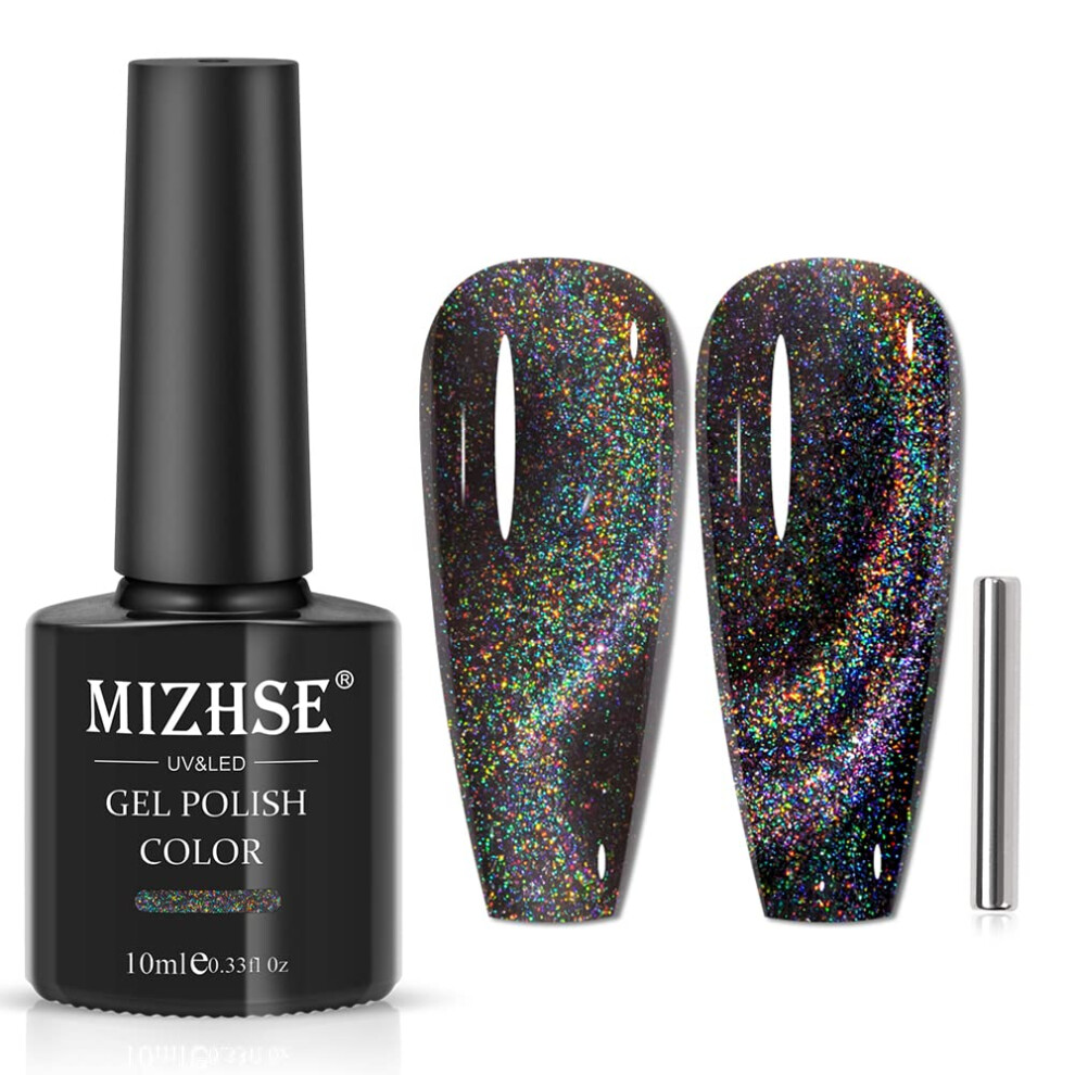 Mizhse Grey Cat Eye Gel Nail Polish Magnetic Gel Polish With Holographic Cateye Effect Cat Eye Gels Polishes For Diy Nail Art & Nails Salon, 10Ml