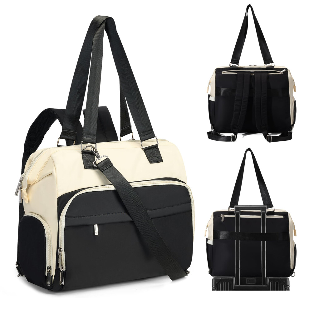 Fexkean 4 In 1 Diaper Bag Backpack,Travel Tote Converts Into Backpack With Shoulder Straps,Diaper Bag Tote,Large Capacity Mommy Nappy Bag -Black&Beige