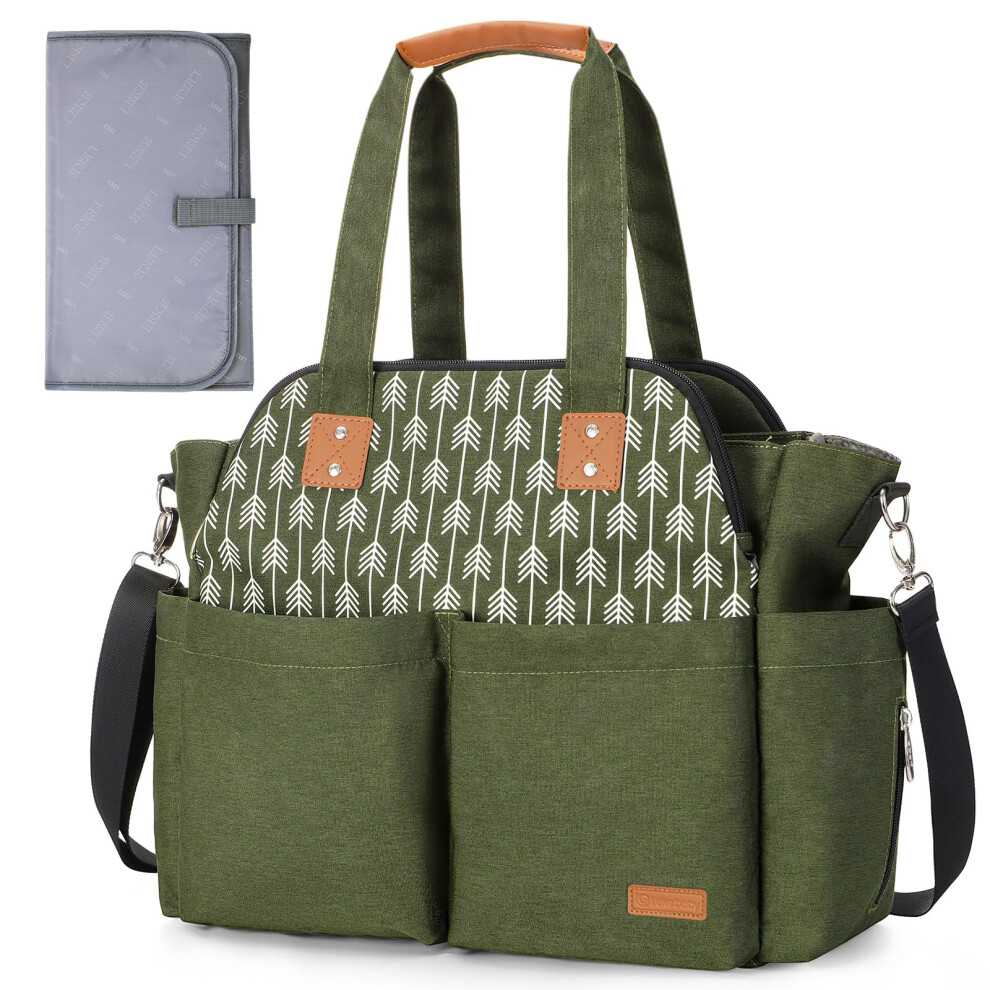 Lekebaby Baby Changing Bag - Large Nappy Bags For Mom And Dad, Stylish Travel Tote With Changing Mat, Army Green