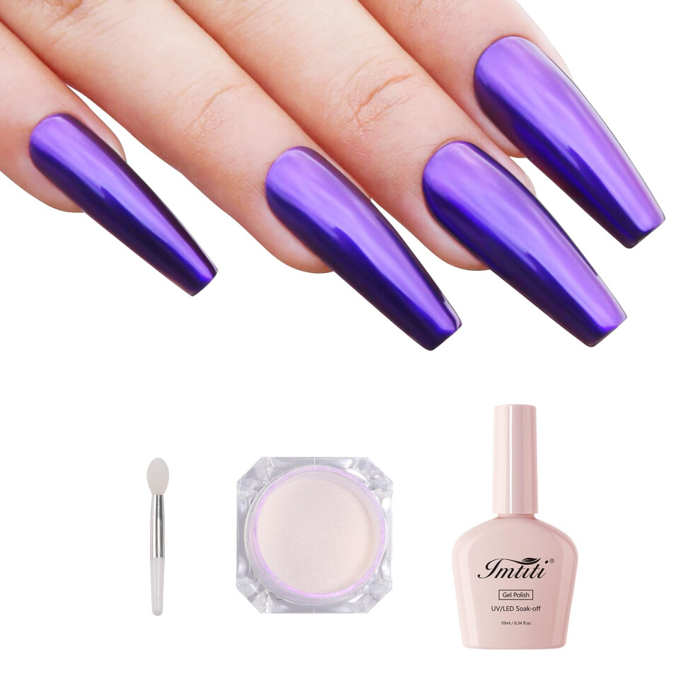 Imtiti Black/Dark/Purple Chrome Nail Powder With Gel Nail Polish Kit, 1G Aurora Meatllic Mirror Effect Powder And 10Ml Gel Polish Shimmer For