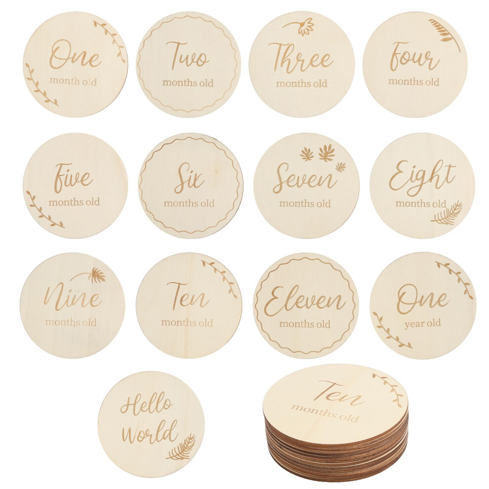 Baby 13Pcs Monthly Cards 10Cm Round Wooden Milestone Cards For Newborn 0-12 Months Growth Recording Miyuangkj