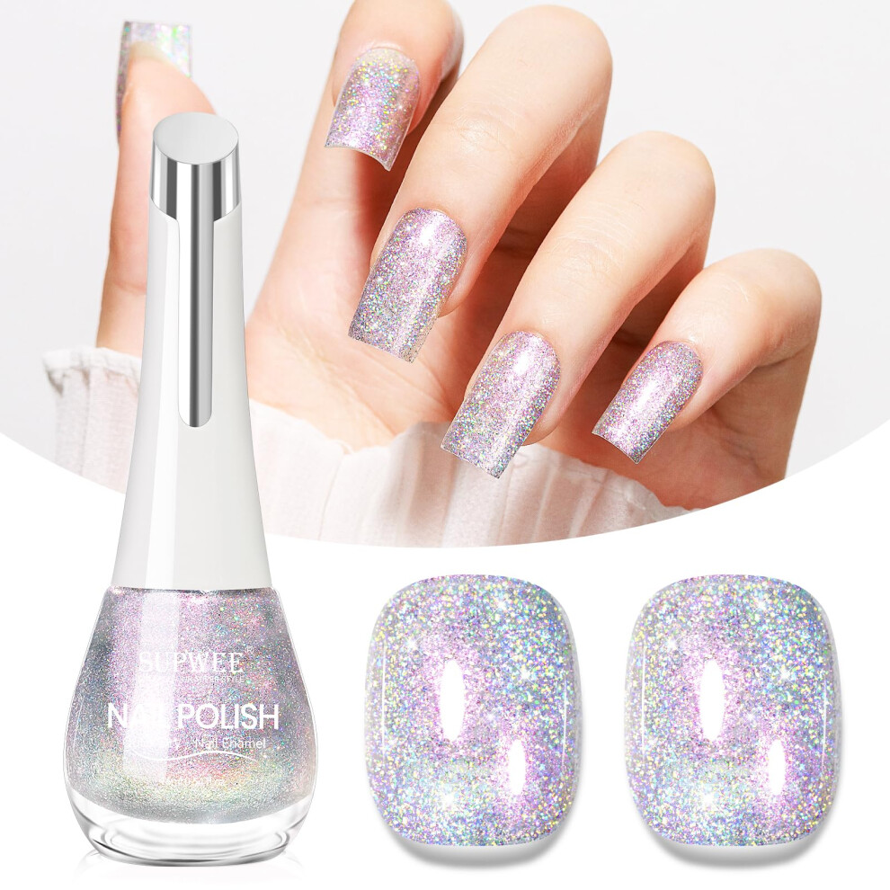 Supwee Glitter Nail Polish Quick Dry High Glossy Shiny Shimmer Holographic Nail Polish Oil-Based Quick Dry Nails Varnish Beauty Art Manicure Diy For