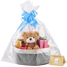 Small Woven Basket, 12" x 8" x 5" Gift Basket Empty with Ribbon and Gift Bag, Rope Hamper Basket for Holiday Presents,Storage Basket with Handle (Whi