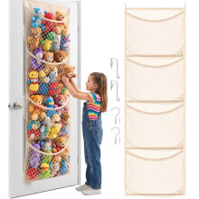 Over The Door Stuffed Animal Organiser, Cotton Toy Storage Holder with 4 Large Pockets, Hanging Door Organiser for Nursery, Bedroom, Kids’ Room