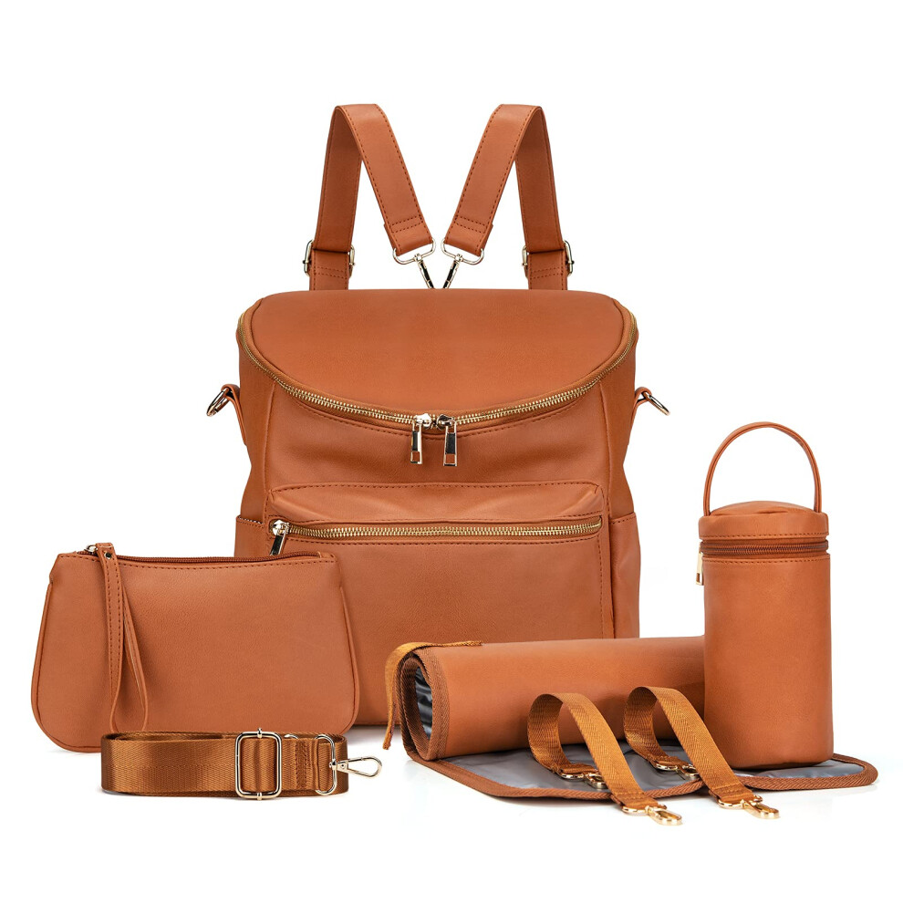 Diaper Bag Backpack, Fashion Leather Mommy Backpacks, Travel Baby Diaper Bags With In Bag Organizer And Changing Pad, M, Stylish Brown Minsong