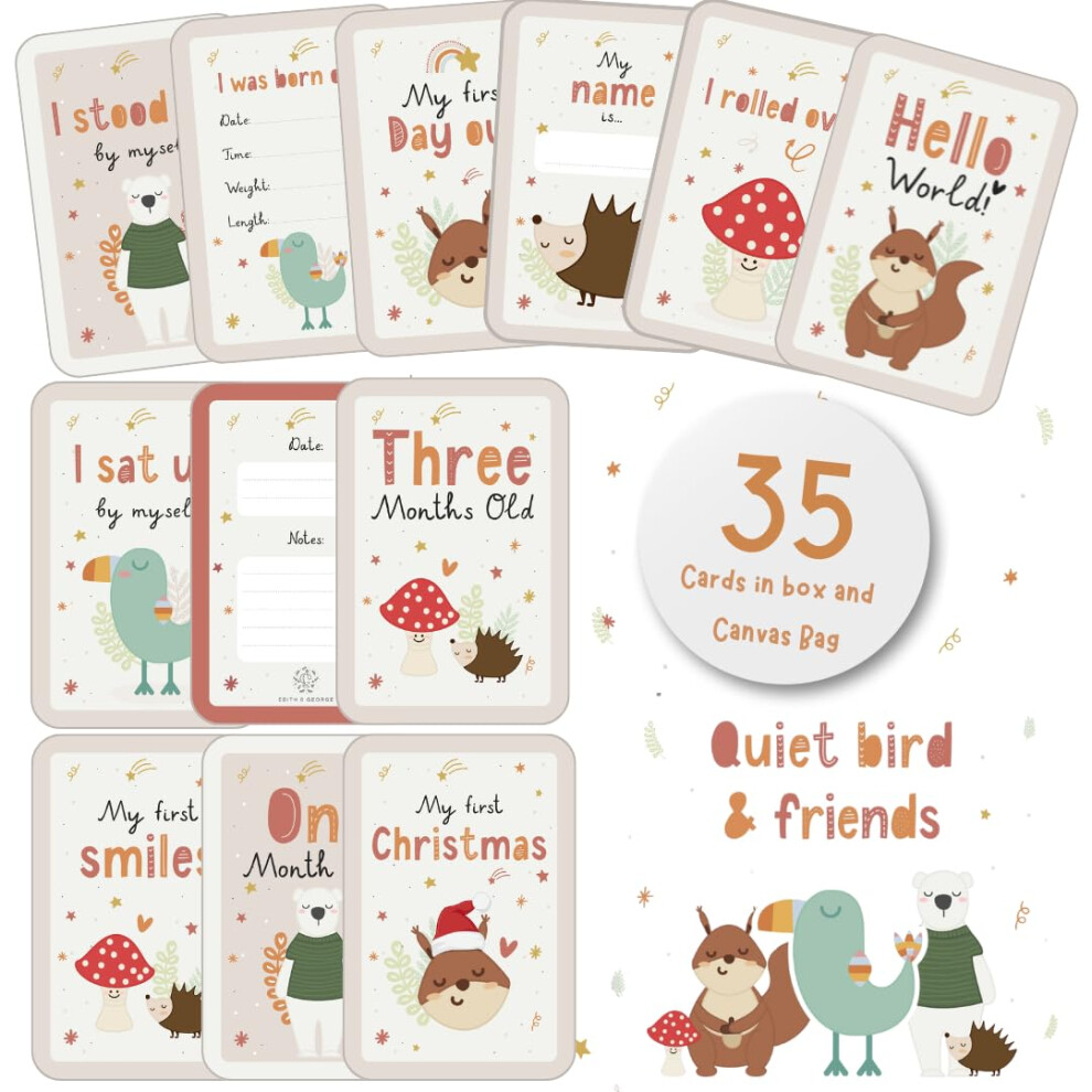 Edith & George Baby Milestone Cards,Set Of 35 In Gift Box & Canvas Bag. Baby Shower Gifts For Mum, New Baby Gift For Boy Or Girl