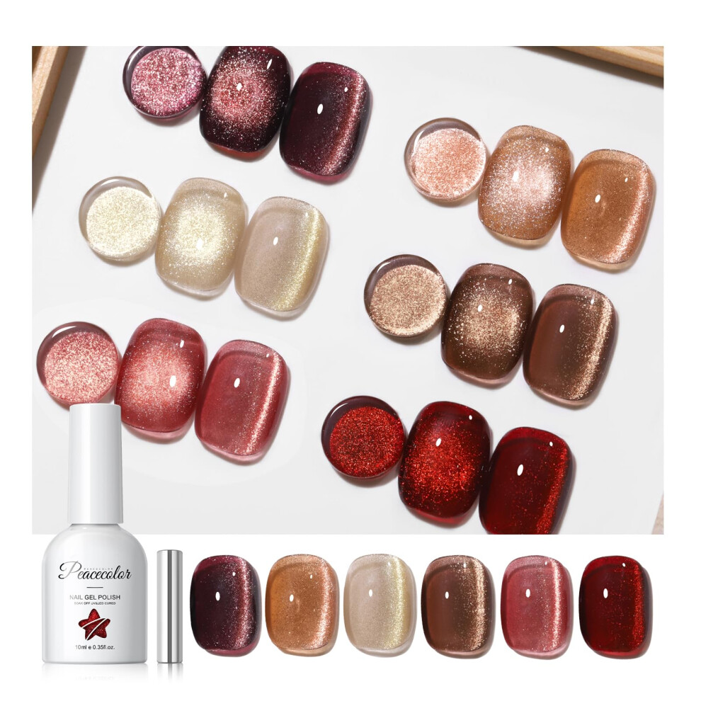 Peacecolor Red/Brown/Burgundy Cat Eye Gel Nail Polish - 6 Colours 10Ml Gel Polish Set Holographic U V Led Glitter Soak Off Nail Polish Manicure Set