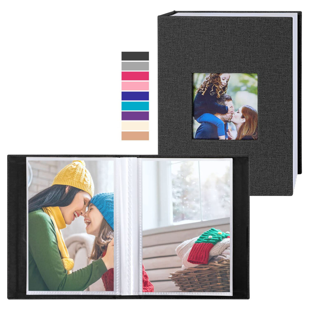 Photo Album 10 X 15 Mini Small Format 100 Pockets, Linen Fabric Album For Vertical Photos (Black) Black Lanpn