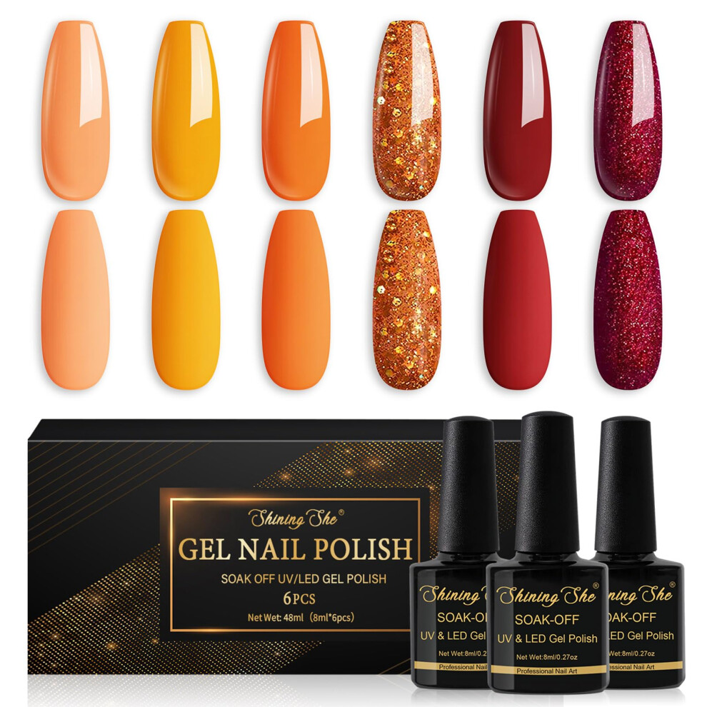 Shining She Yellow/Orange/Red Nail Polishes Set, 6 Colours Glitter Gel Polish Set Soak-Off Uv/Led Nail Polish Gel For Autumn Winter Halloween, 8Ml