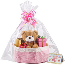 Small Woven Basket, 12" x 8" x 5" Gift Basket Empty with Ribbon and Gift Bag, Hamper Basket Kits for Baby Shower, Holiday Presents,Storage Basket wit