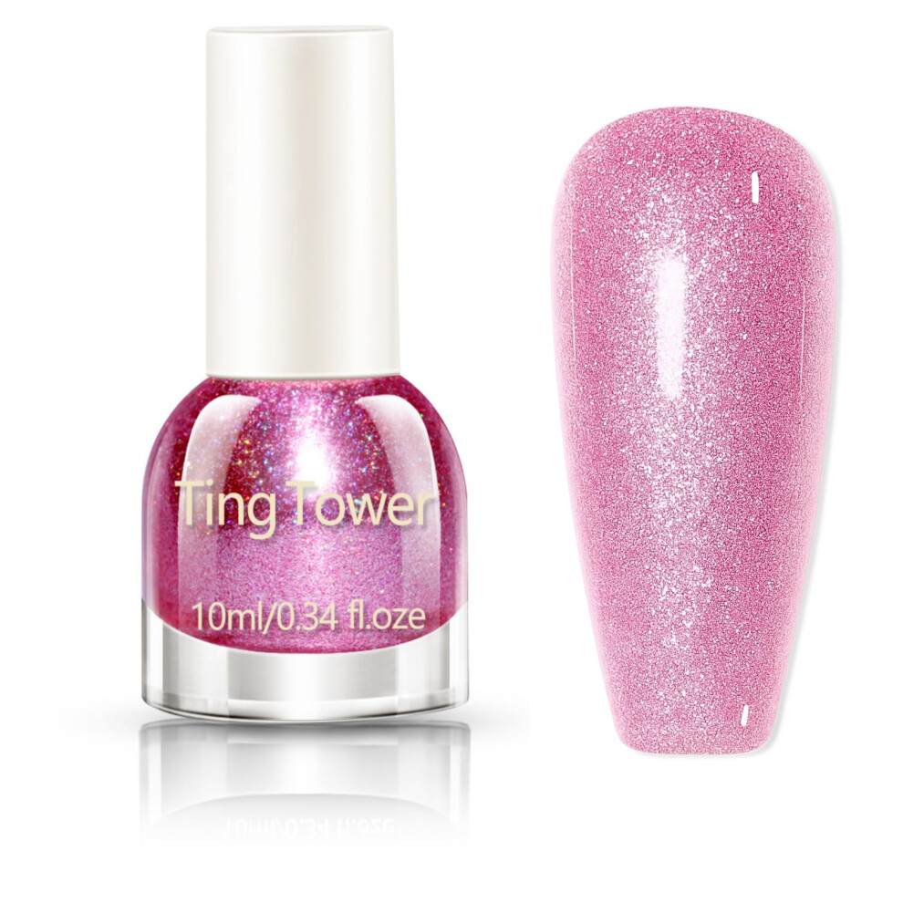 Meitrend Glitter Nail Polish - Pink Nail Polish - Shimmering Sparkly Pink Nail Varnish - Quick-Drying Holographic Nail Paint High Glossy Long-Lasting Sequins