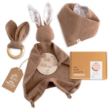 Mikito Baby Gift Set – Organic Newborn Essentials | 4-Piece Keepsake Set | Muslin Comforter, Wooden Teether, Bib & Birth Announcement Sign