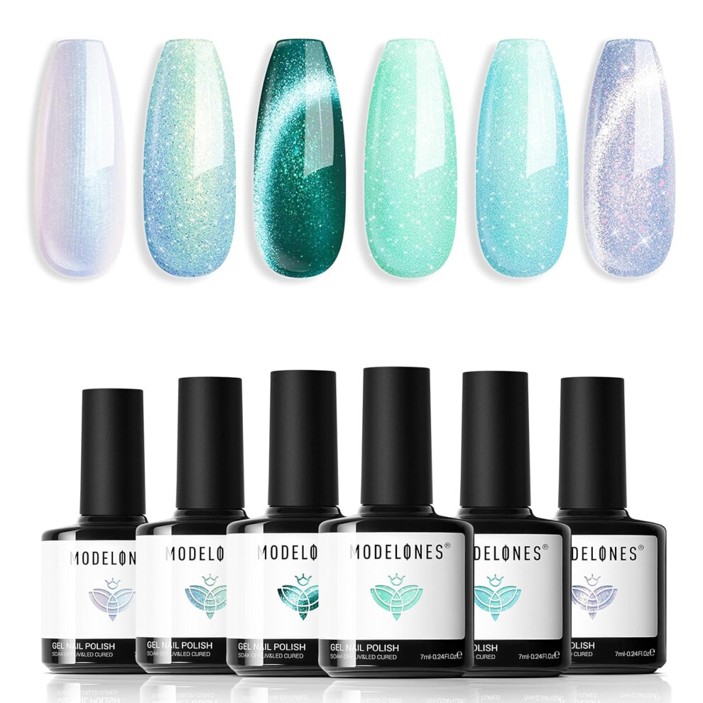 Modelones Green/White/Light Gel Nail Polish Set, 6 Colors Cat Eye Gel Polish Glitter Mint Nail Polish Set Jade Mermaid Pastel Shimmer Nail
