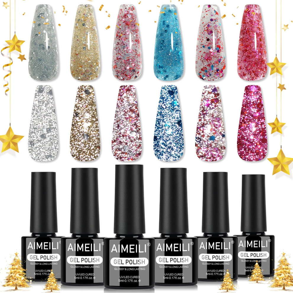 Aimeili Glitter Gel Nail Polish Set 6Pcs, Cruelty Free, Vegan, Soak Off Uv Led Gel Polish Nail Art Manicure Salon Diy For Women - Kit 109