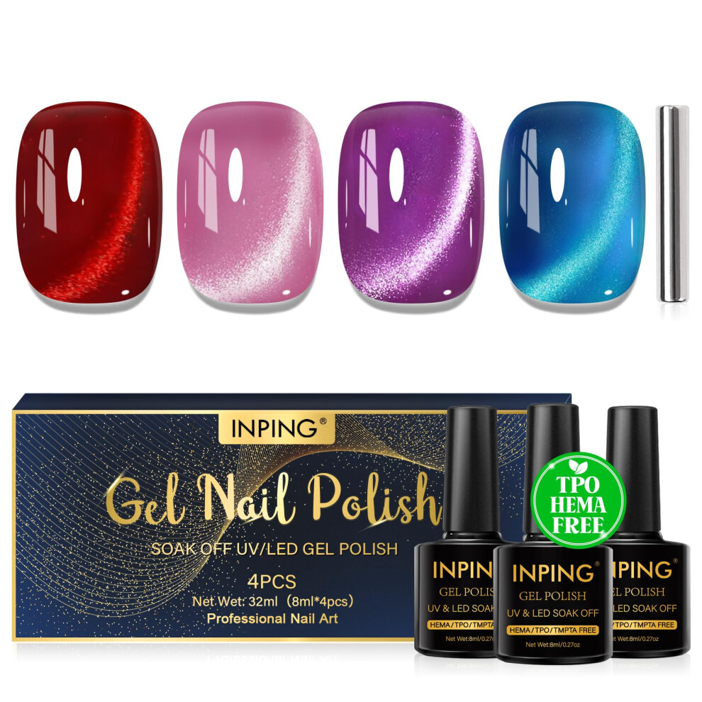 Inping Red/Pink/Purple Cat Eye Gel Nail Polish, Tpo-Free Hema-Freeï¼4 Colors Blue Jelly Glassy Crystal Magnetic Nail Polish With Magnet Soak-Off