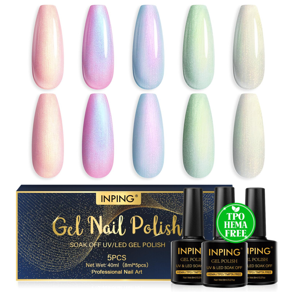 Inping Pink/Purple/Blue Gel Nail Polish, Hema-Free Tpo-Free, 5 Colors Green Shimmer Pearlescent Shell Glitter Nail Varnish Kit