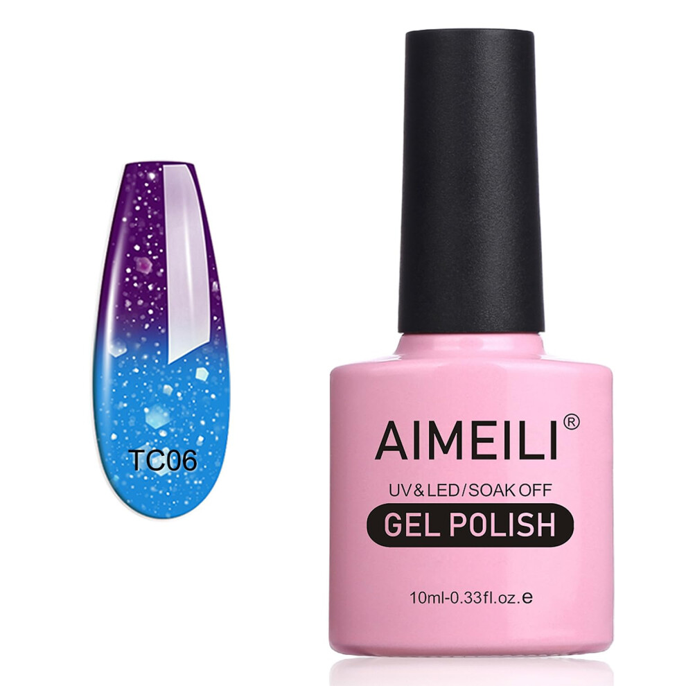 Aimeili Blue,Purple Soak Off Uv Led Temperature Colour Changing Chameleon Gel Nail Polish - Glitter Purple To Glitter Blue Full Shimmer/Diamond (Tc06) 10Ml