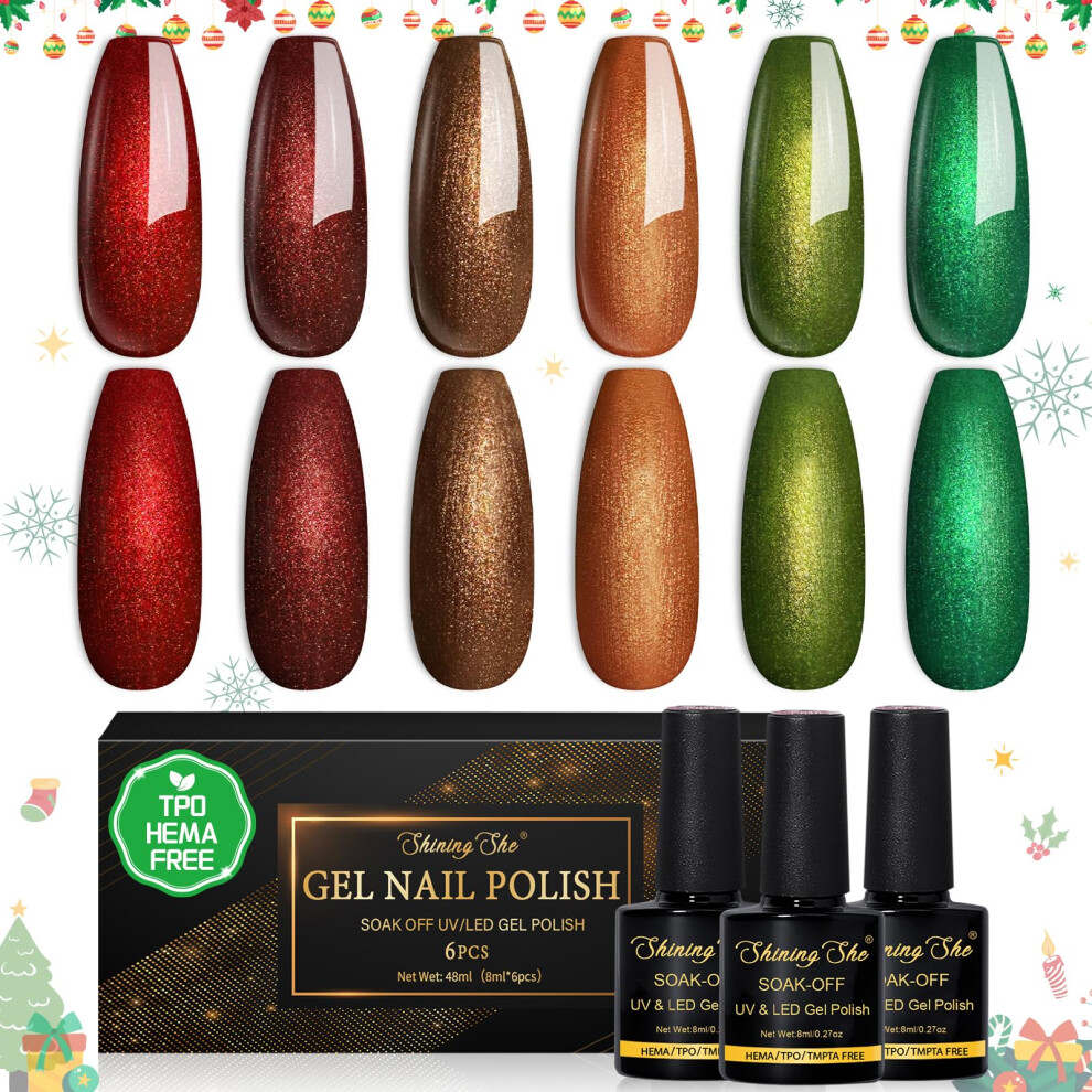 Shining She Red/Green/Brown Gel Nail Polish Glitter, Tpo-Free Hema-Free Gel Polish, 6 Colors Mermaid Glitter Orange Soak-Off Uv Nail Polish Winter