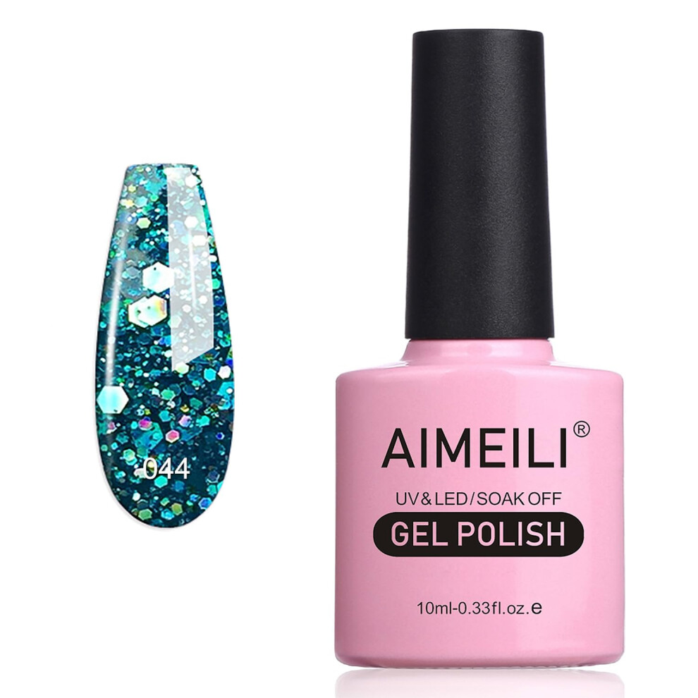 Aimeili Blue,Green Soak Off Uv Led Gel Nail Polish - Diamond Glitter Teal Blue Green (044) 10Ml