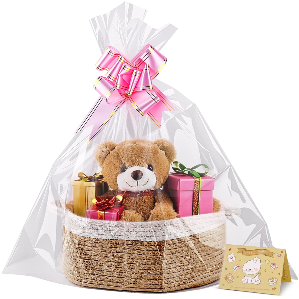 Small Woven Basket, 12" X 8" X 5" Gift Basket Empty With Ribbon And Gift Bag, Hamper Basket For Holiday Presents,Storage Basket With Handle For Toy Boensi