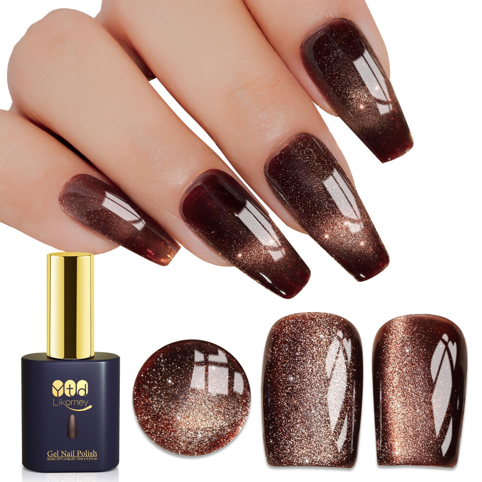 Ytd Likomey Brown/Gold Cat Eye Gel Polish,15Ml Holographic Translucent Neutral Velvet Jelly Sheer Shiny Magnetic Glitter Uv Nail Gel Varnish With