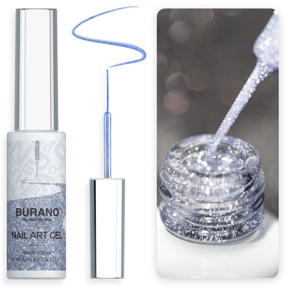Burano Silver Liner Holographic Gel Nail Polish, Uv Led Reflective Glitter Painted Metallic Nail