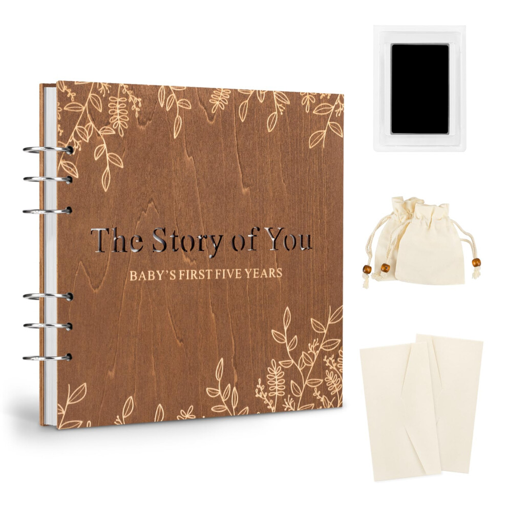Wooden Baby Memory Book Set Baby's First 5 Years Milestone Journal Book, Baby Record Diary Scrapbook Creawoo