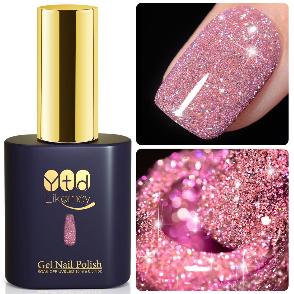 Ytd Likomey Pink Colorful Reflective Glitter Gel Polish,15Ml Holographic Flash Diamond Shimmer Nails Gel,Sparkly Shiny Salon Home Nail Art Manicure