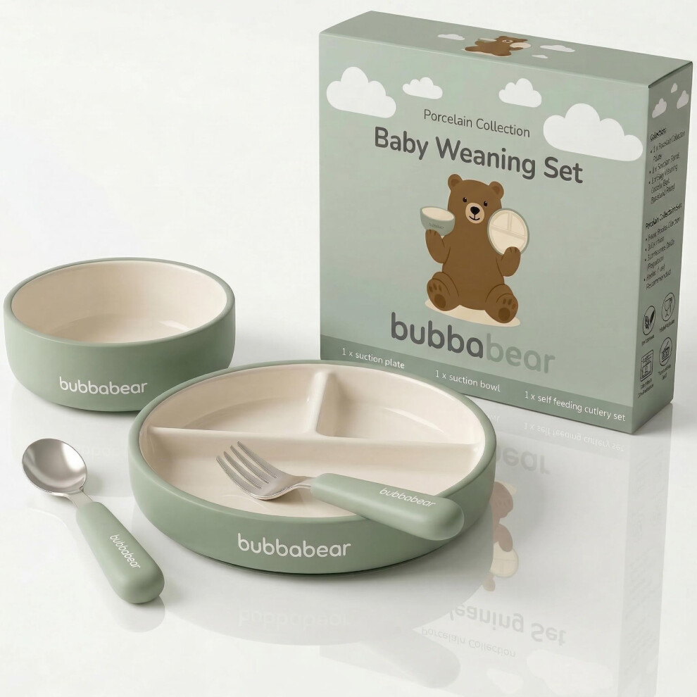 Baby Porcelain Set For Weaning | Suction Plate, Bowl & Feeding Cutlery For Babies | Toddler Stay Put Food Bowls & Plates Sets Bubba Bear