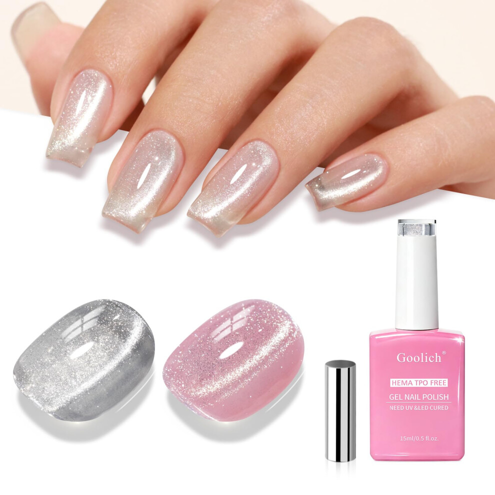 Goolich Silver Cat Eye Gel Nail Polish, 15Ml Hema & Tpo Free Clear Crystal Holographic Glitter Shimmer Magnetic Gel Polish With Magnet Soak