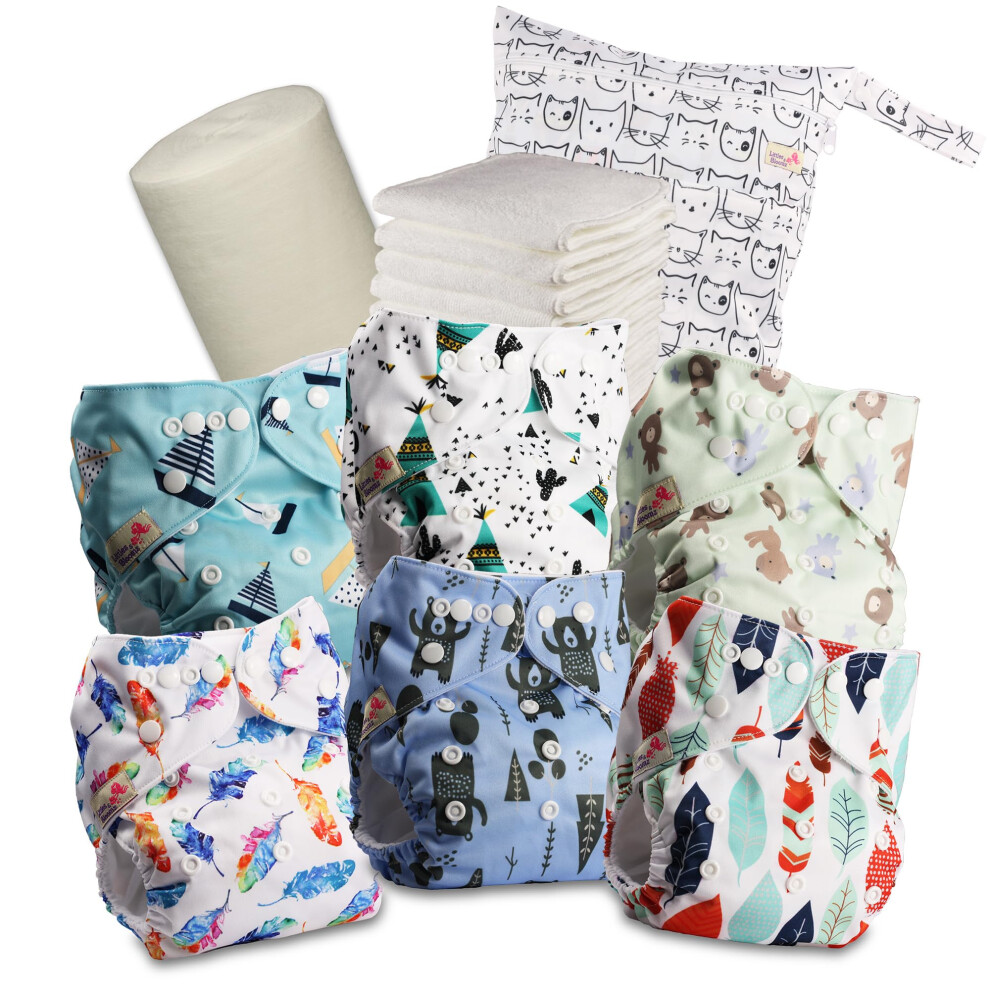 Reusable Nappies – Pocket Cloth Nappy With Standard Poppers, 6 Nappies + 6 Microfibre Inserts, Bamboo Liner & Wet Nappy Bag 636Pm6 Littles & Bloomz