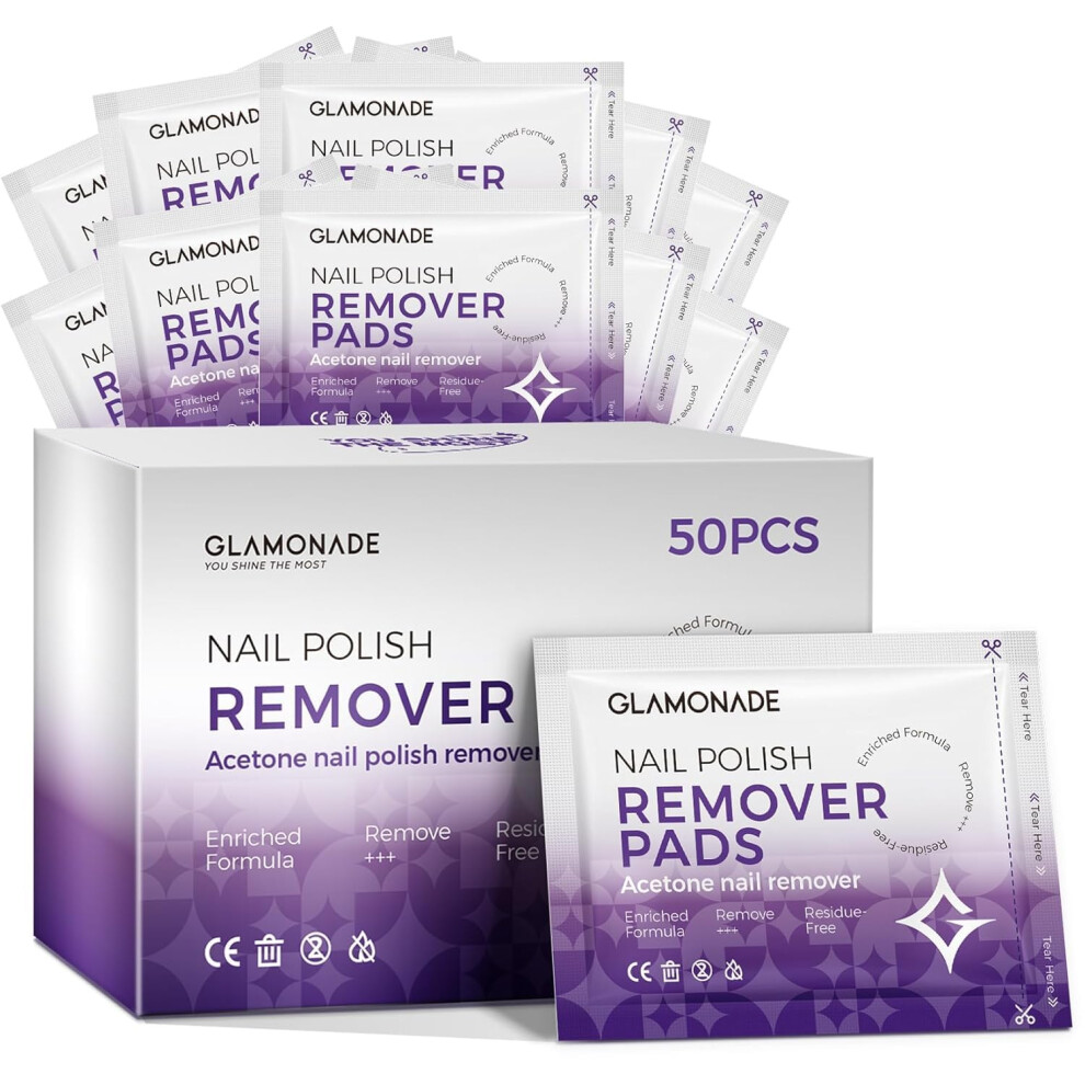 Glamonade Nail Polish Remover Pads: Nail Varnish Remover Pads Acetone Nail Polish Remover Wipes 50 Pcs Individually Wrapped Conveniently Quickly