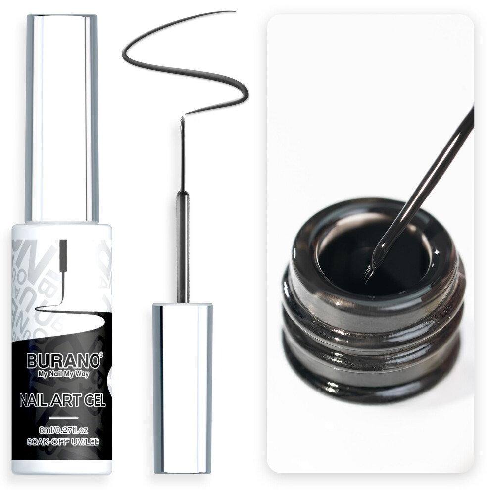 Burano Black/White/Purple Gel Nail Polish Liner, Red Pink Painted Design, 1 Bottle, Built-In Thin Nail Brush, 8Ml (Lx11)
